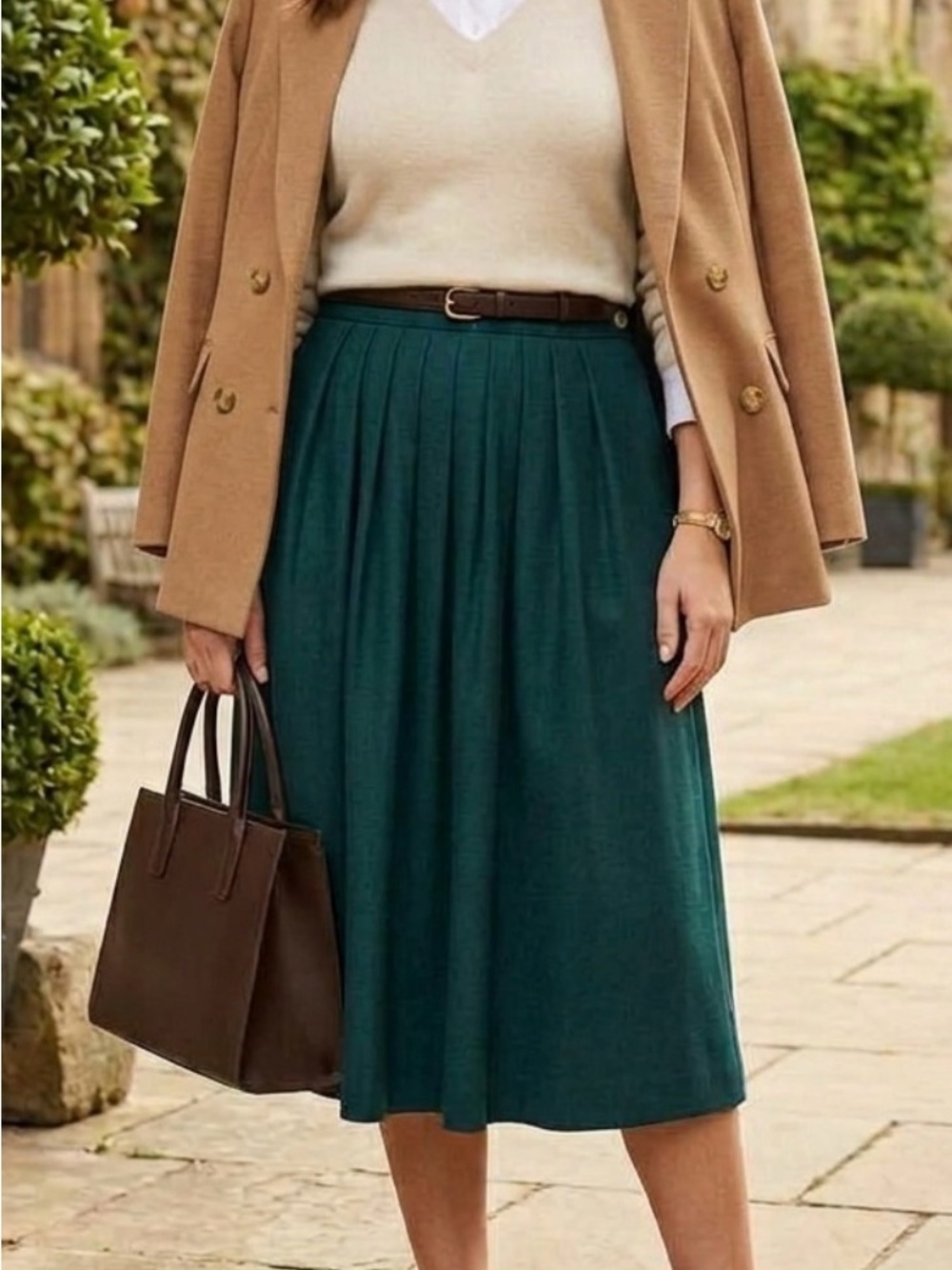 Vintage 80s Givenchy Wool Long Pleated Skirt Teal Quiet Luxury Preppy Sz 8